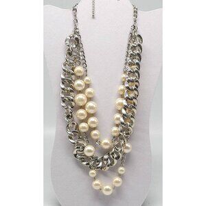 Large Bauble Layered Pearl Silver Tone Chain Necklace